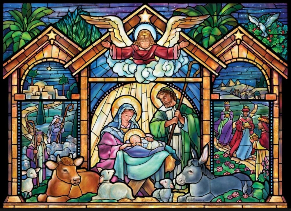 Stained glass nativity scene to represent Christian religious jigsaw puzzles.