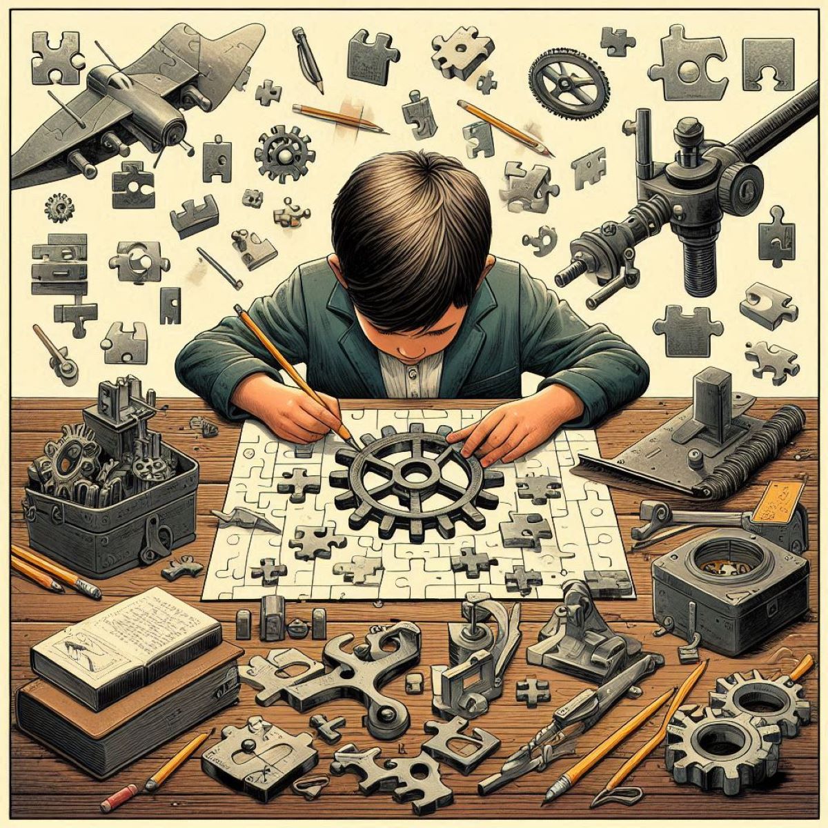 drawing of a boy working on metal parts to introduce metal puzzles for kids