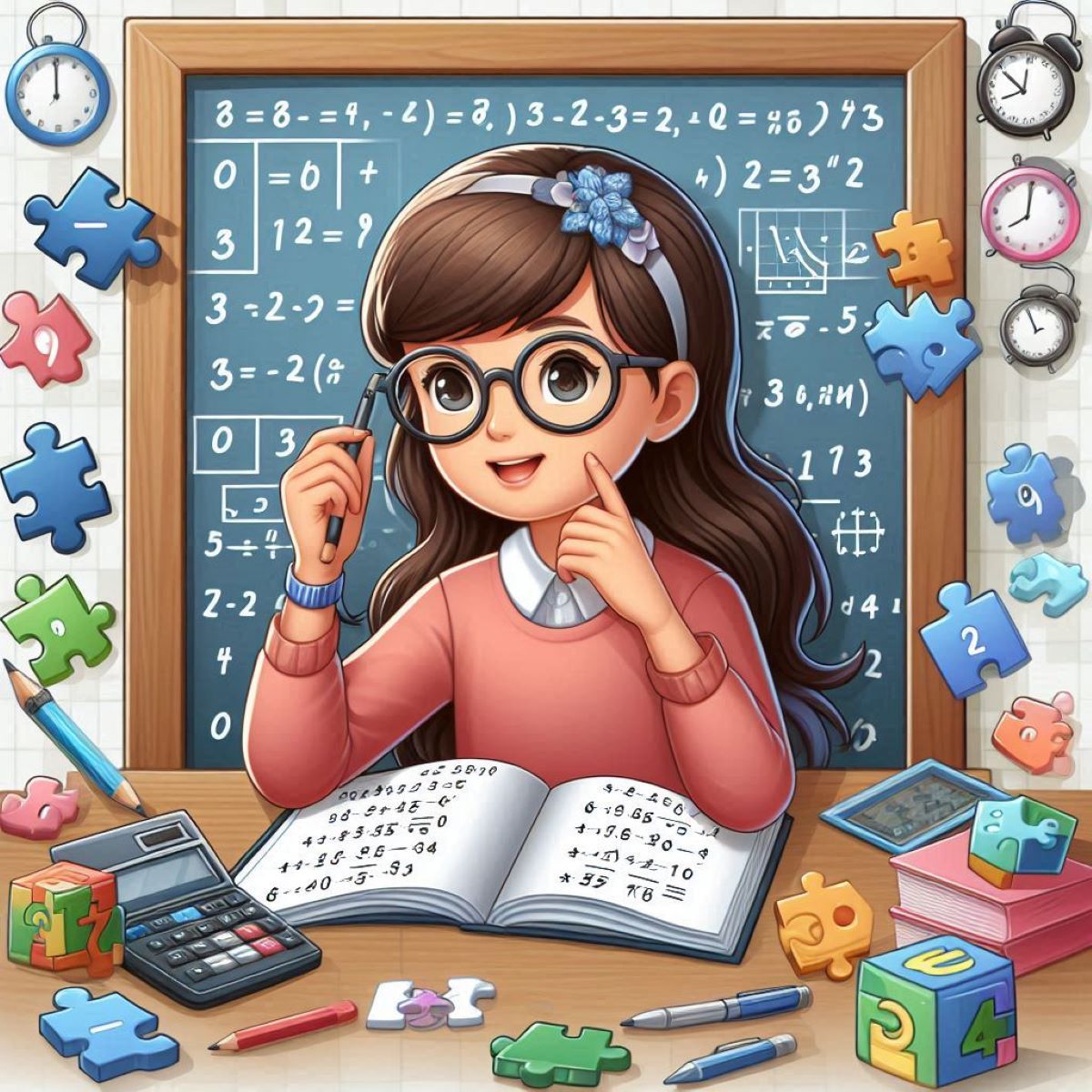 Young girl with numbers and puzzle pieces to introduce topic of fun math puzzles kids