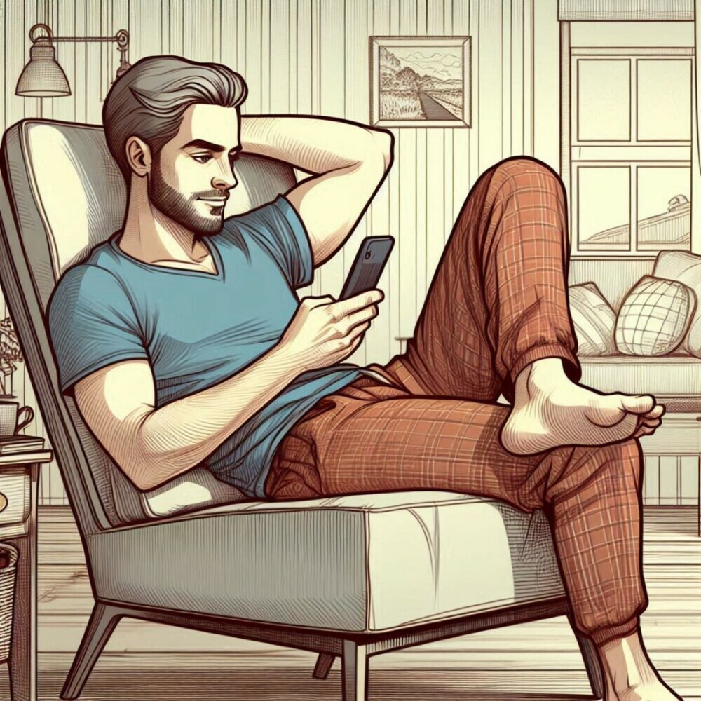 Man in his 30's with beard and mustache sitting in relaxed position looking at his smartphone and playing free crossword puzzle app.