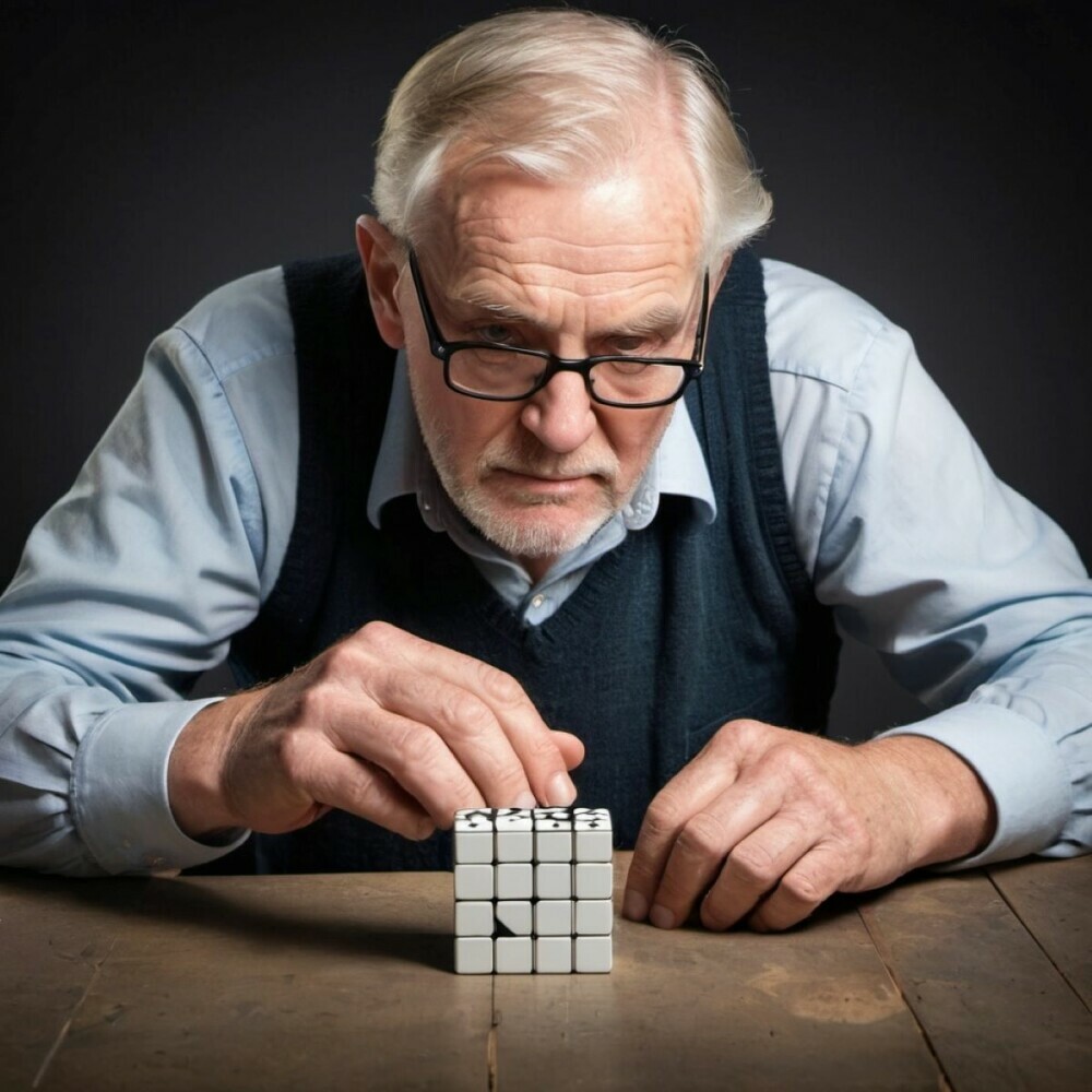 Picture of elderly man with white hair and close beard and glasses staring at a cube puzzle for adults