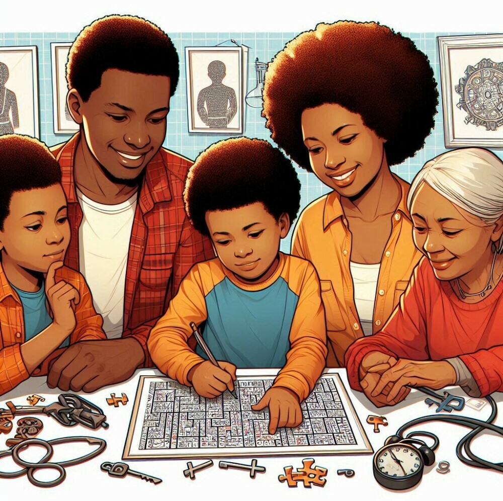 Black family of 5 working together to solve an escape room puzzle as an example of puzzles for family night.