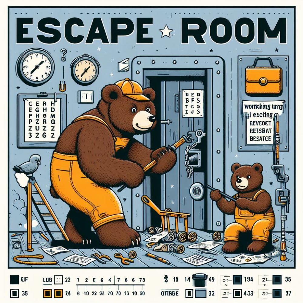 Cartoon of 2 bears working to escape best escape room puzzles