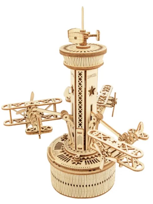 Picture of ROKR 3D wooden puzzle of an airport control tower with 3 circling airplanes