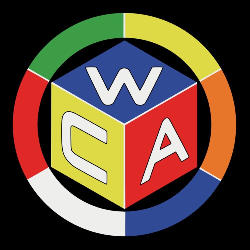 Picture of the World Cube Association logo with black background, letters WCA on a cube consisting of blue, yellow and red backgrounds.