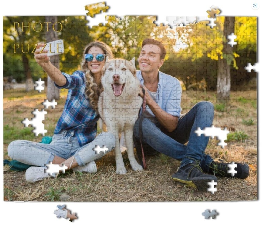 photo jigsaw puzzle with man woman and white large dog sitting in a park