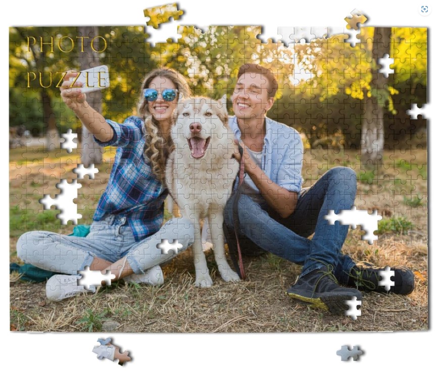 photo jigsaw puzzle with man woman and white large dog sitting in a park