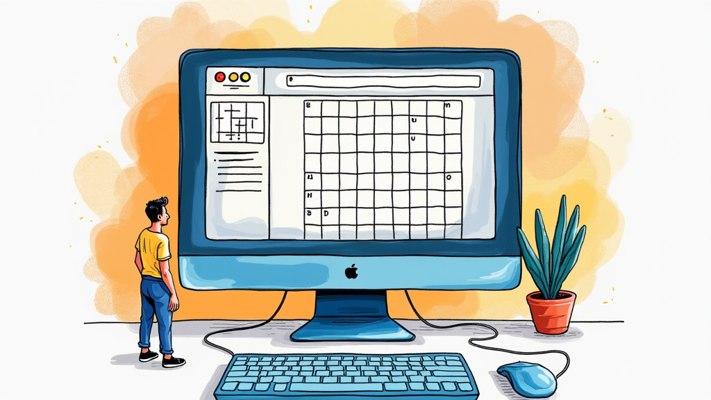 Computer screen with crossword puzzle on it, keyboard, mouse and small sized man looking at monitor.